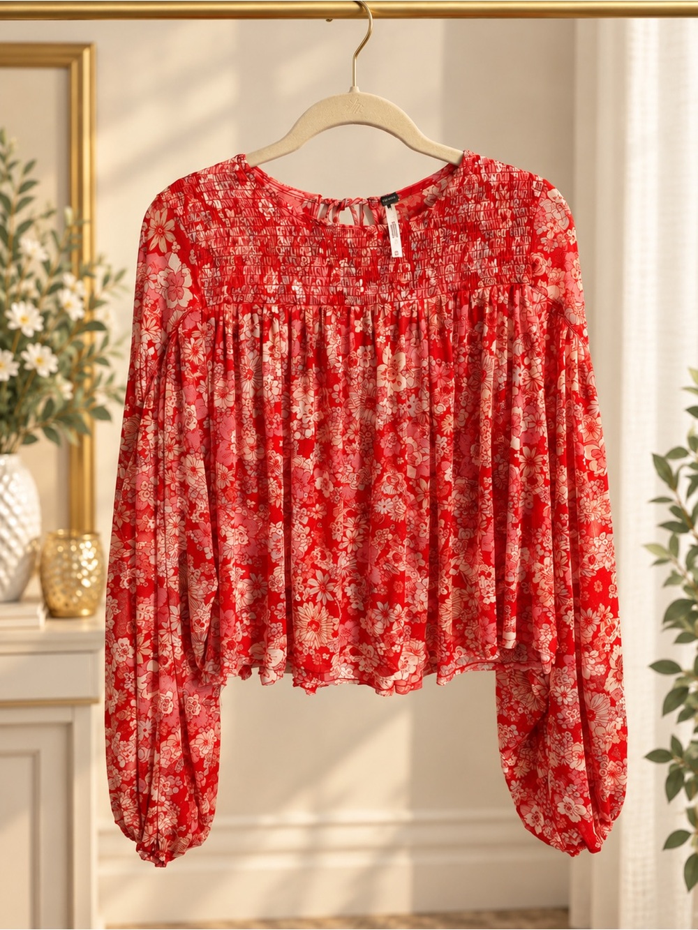 Free People Up For Anything Cherry Combo Red Floral Smocked Blouse M